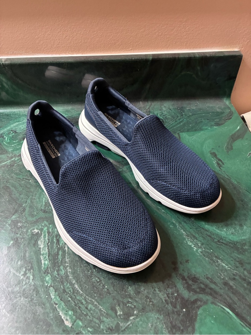 Skechers Navy Mesh Slip-On Sneakers with White Sole